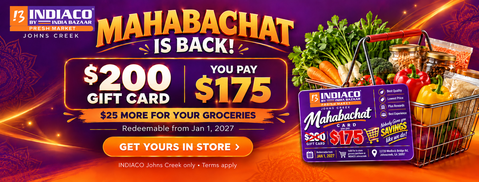 Mahabachat is back: $200 gift card for $175 at INDIACO Johns Creek